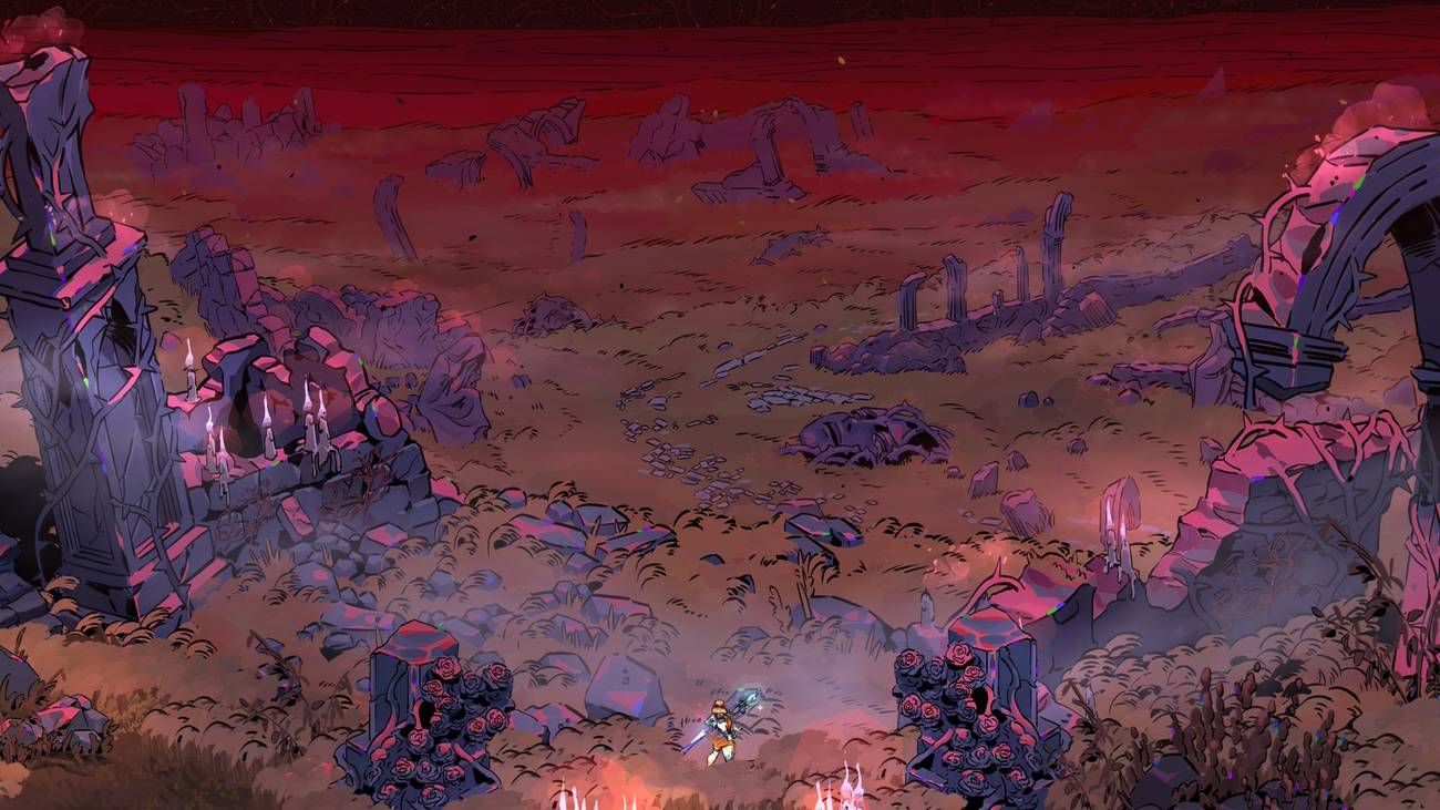 Melinoe olha para os campos de luto em Hades 2