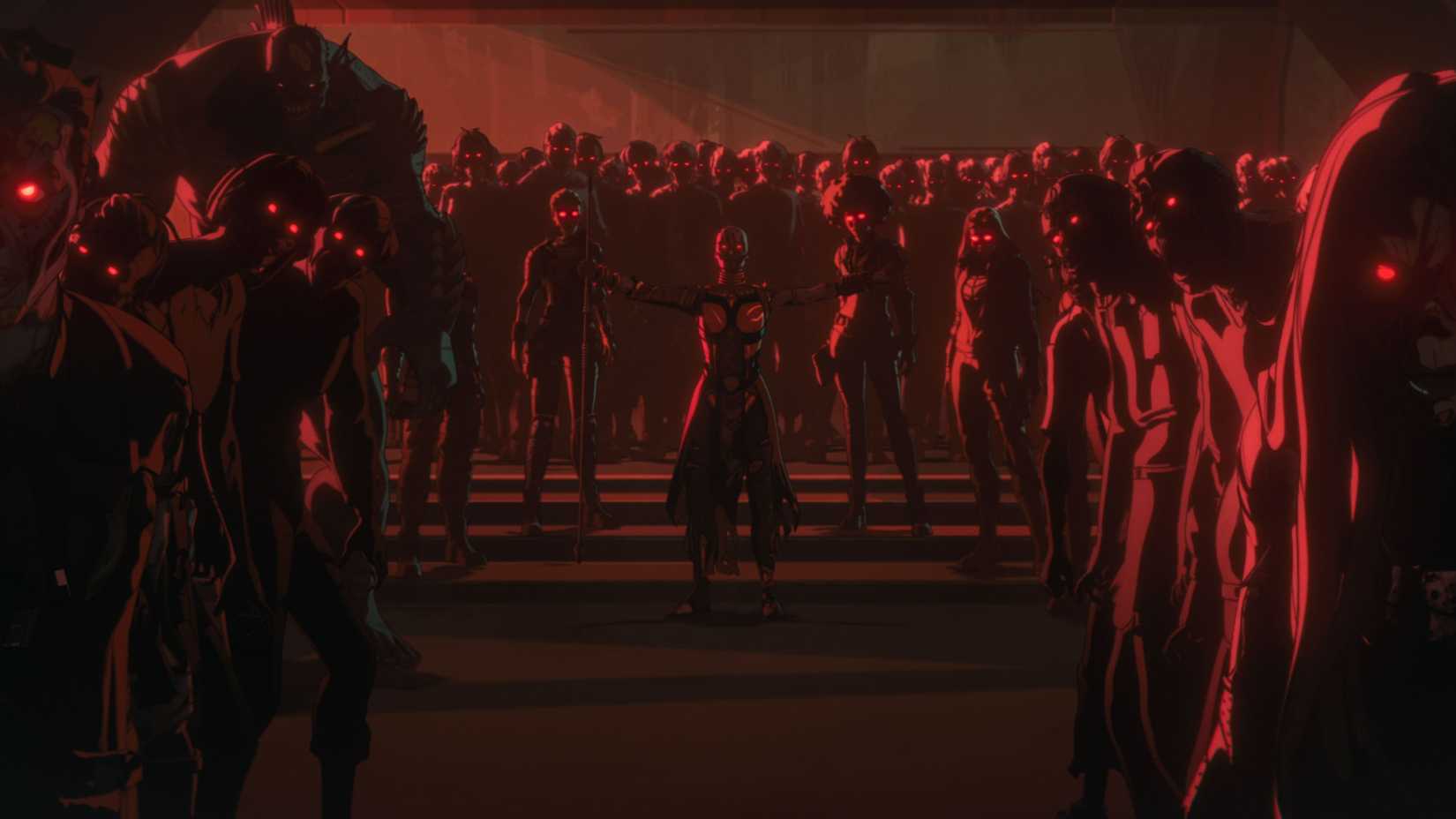 Uma horda de zumbi com olhos vermelhos brilhantes em zumbis da Marvel