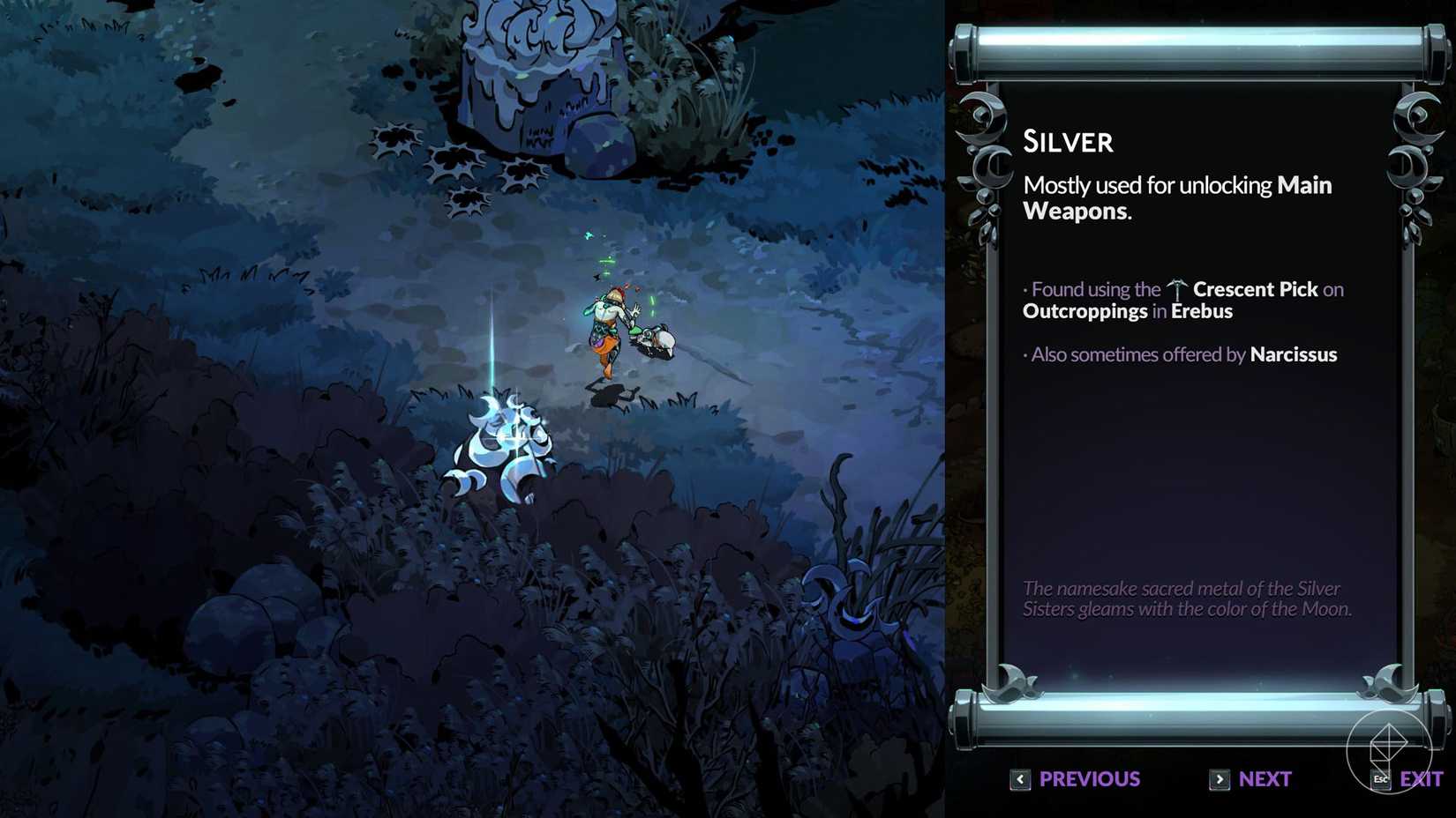 Melinoë e Raki em pé ao lado de um minério de prata em Hades 2.