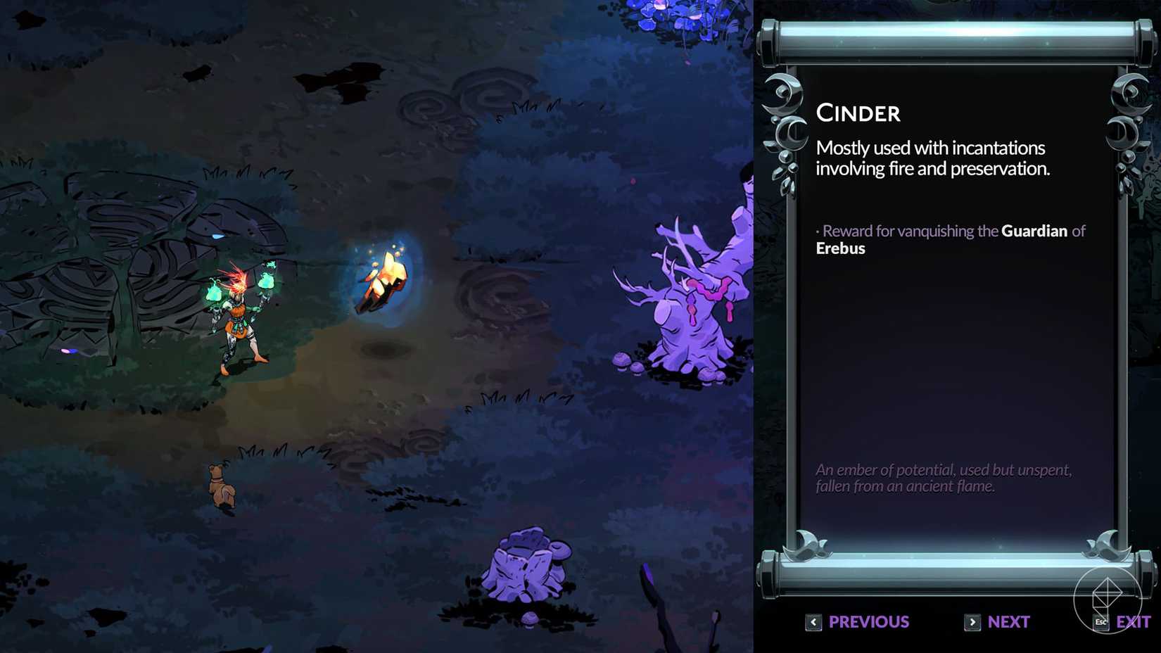 Melinoë em pé ao lado de uma concreto em Hades 2.