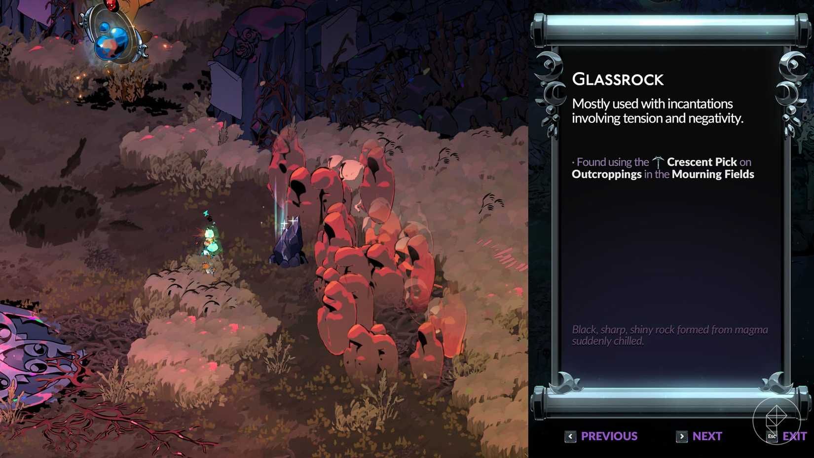 Melinoë em pé ao lado de um nó de rock em Hades 2.