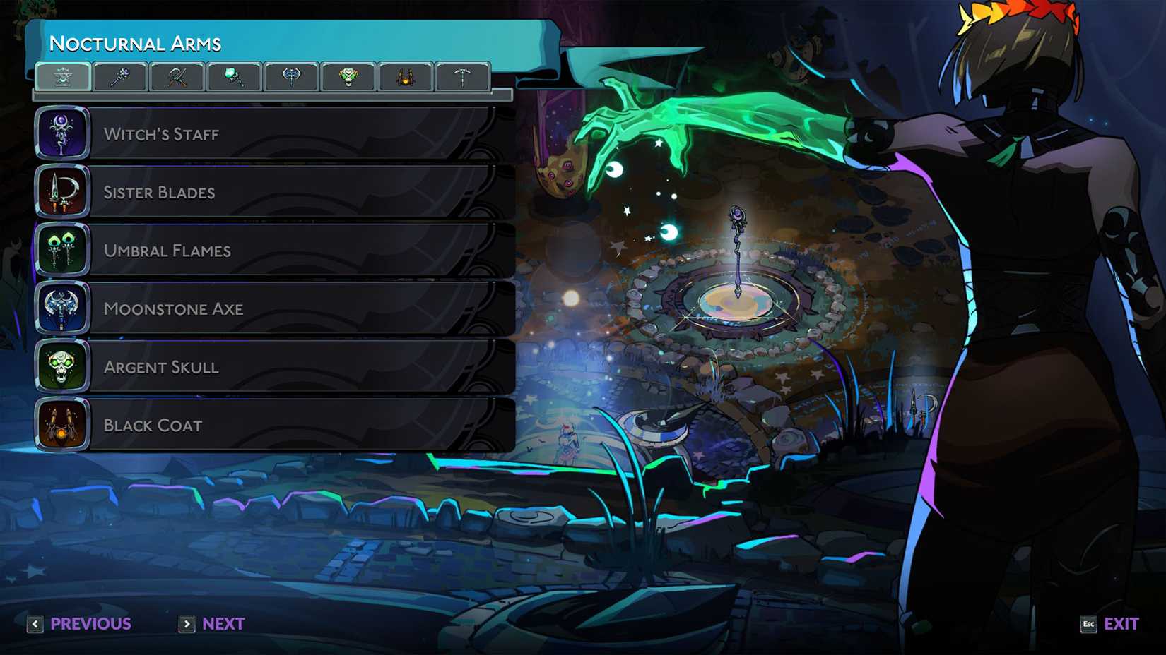 O menu de desbloqueio de armas noturnas no Hades 2.