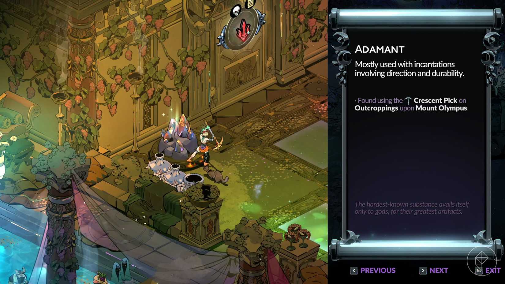 Melinoë minerando um minério inflexível em Hades 2.