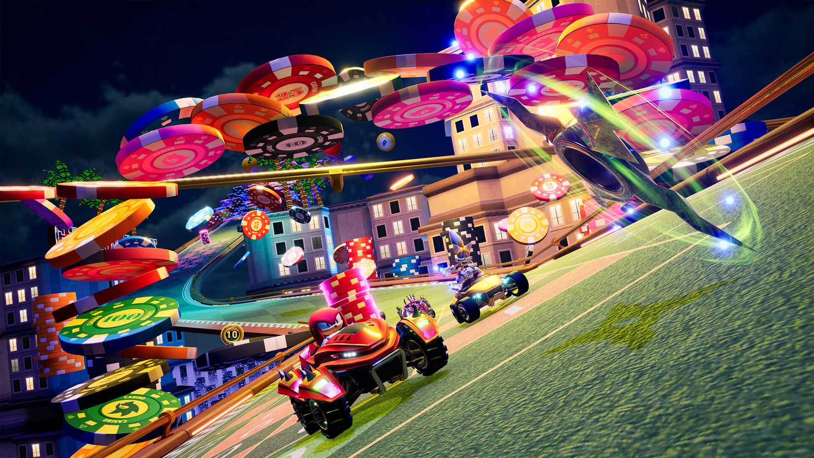 Knuckles corre por uma pista com tema de cassino em Sonic Racing: Crossworlds