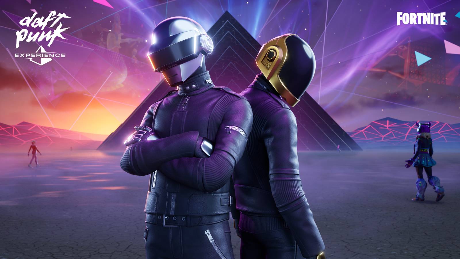 Daft Punk em pé em frente a uma pirâmide em Fortnite.