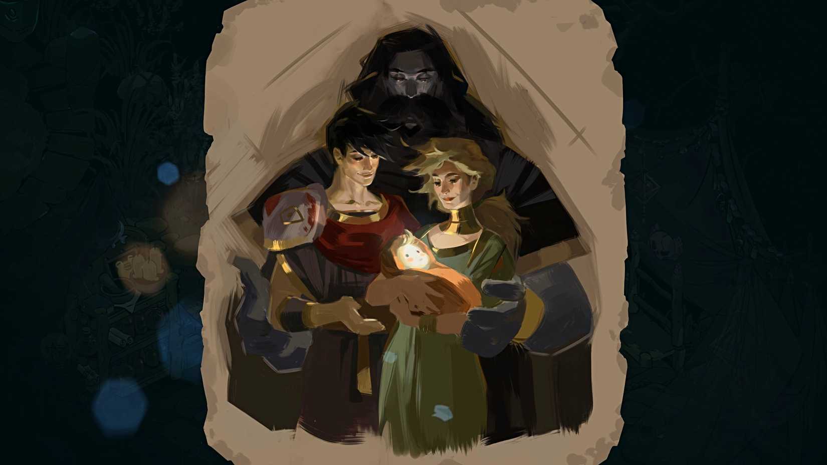 O retrato de Hades, Perseesis, Zagreus e Filho de Melinoe em Hades