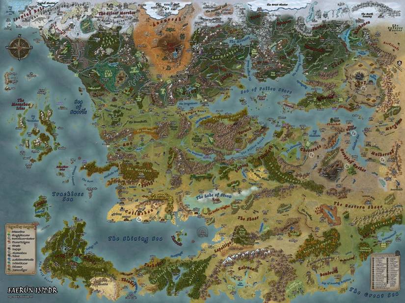 Um mapa do continente de Faerun da Configuração de Dungeons & Dragons Esquecidos