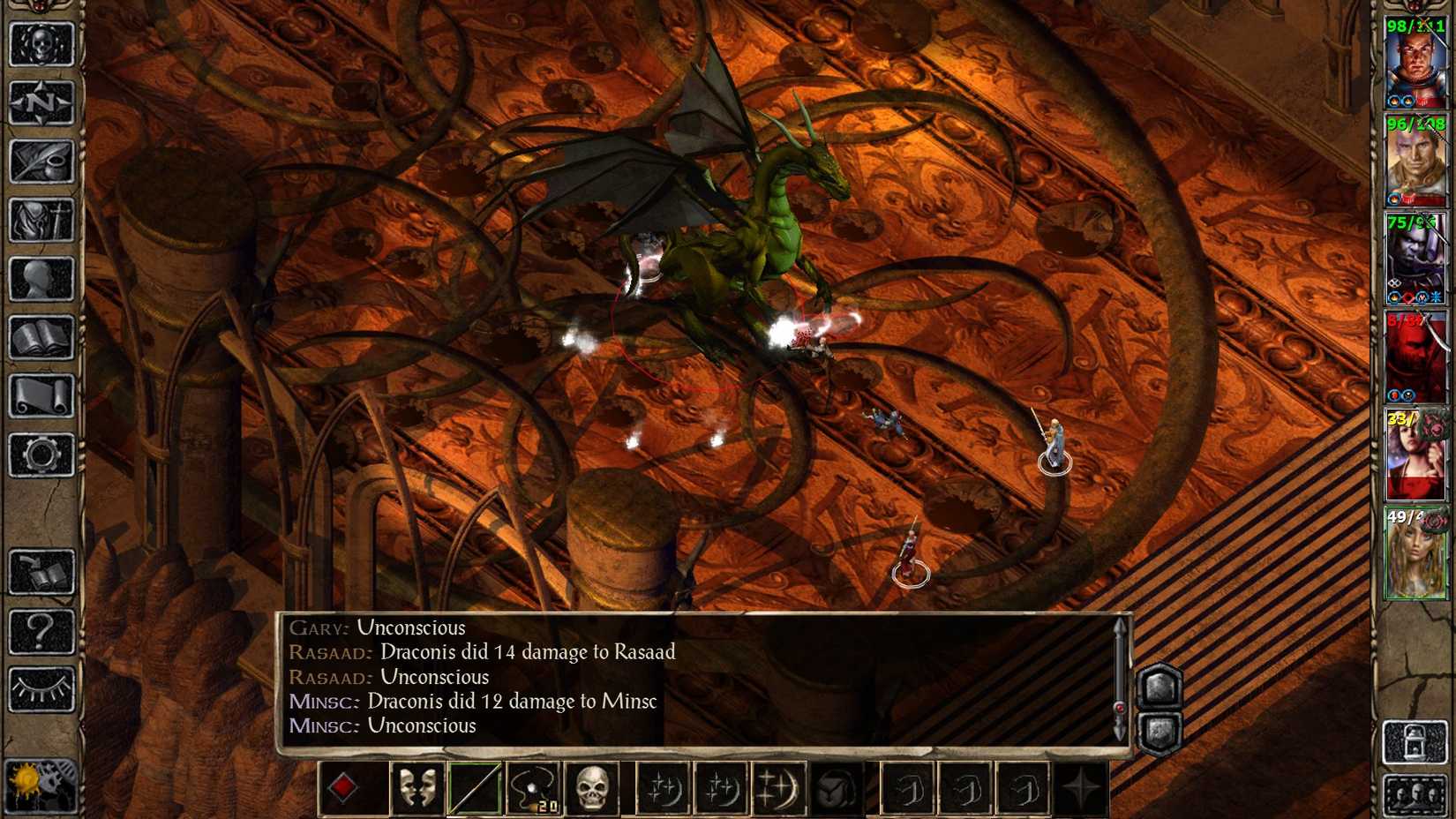 Uma tela de jogabilidade do Baldur's Gate 2, onde a festa está lutando contra um enorme dragão. 