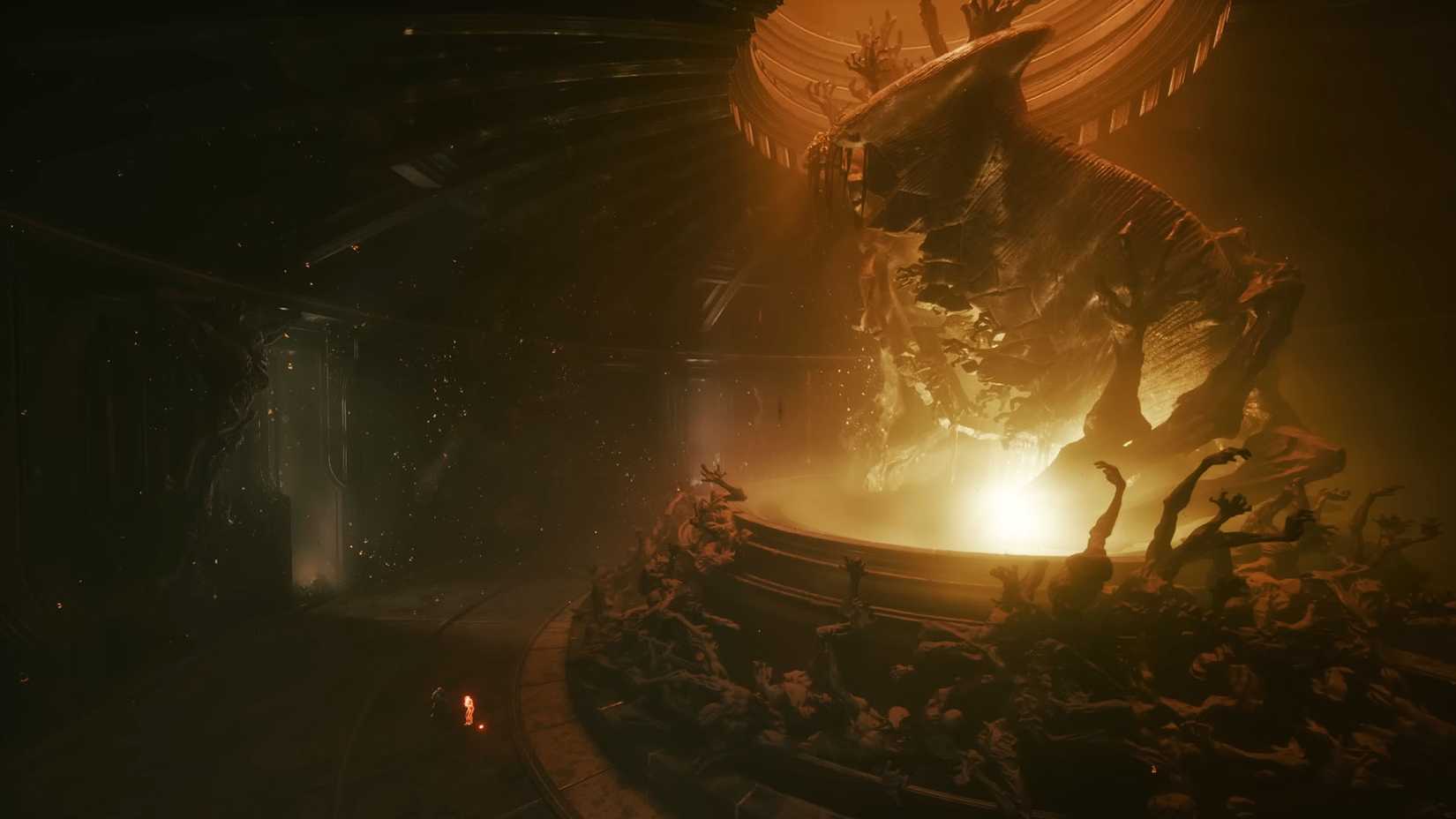 Uma captura de tela do trailer de jogabilidade de Saros mostrando um tipo de estátua 