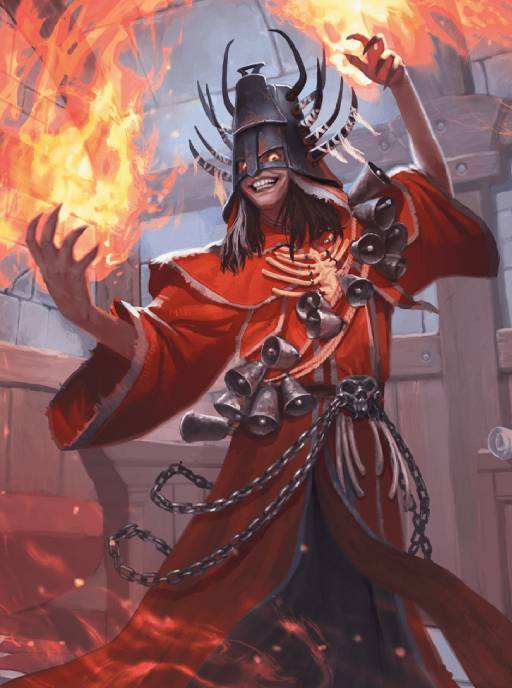 Ivlis, o culto do líder do caos, tem chamas em suas mãos e sinos por toda a sua vestes em Heroes of the Borderlands