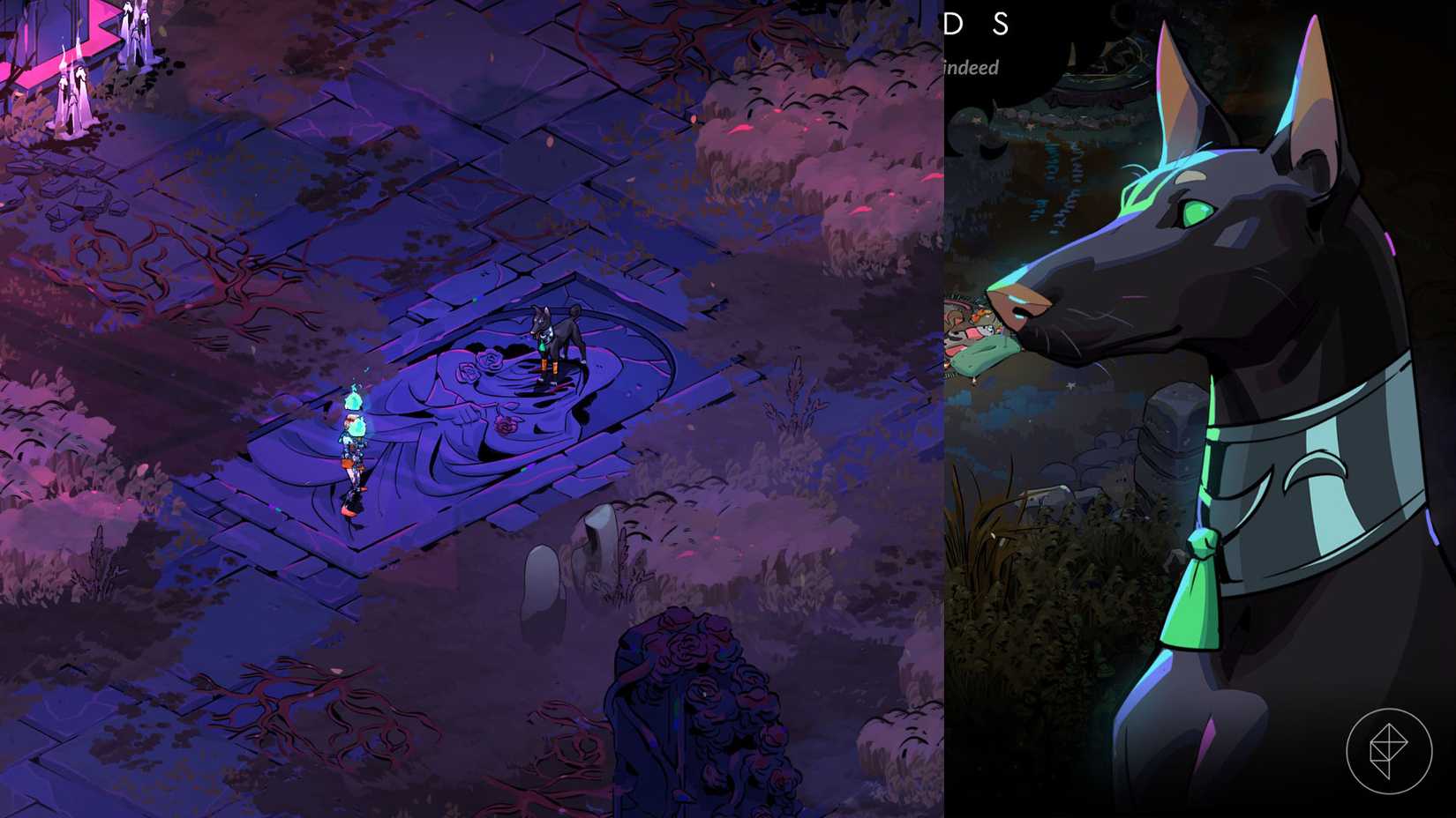 Melinoë encontrando Hecuba o cão em Hades 2.