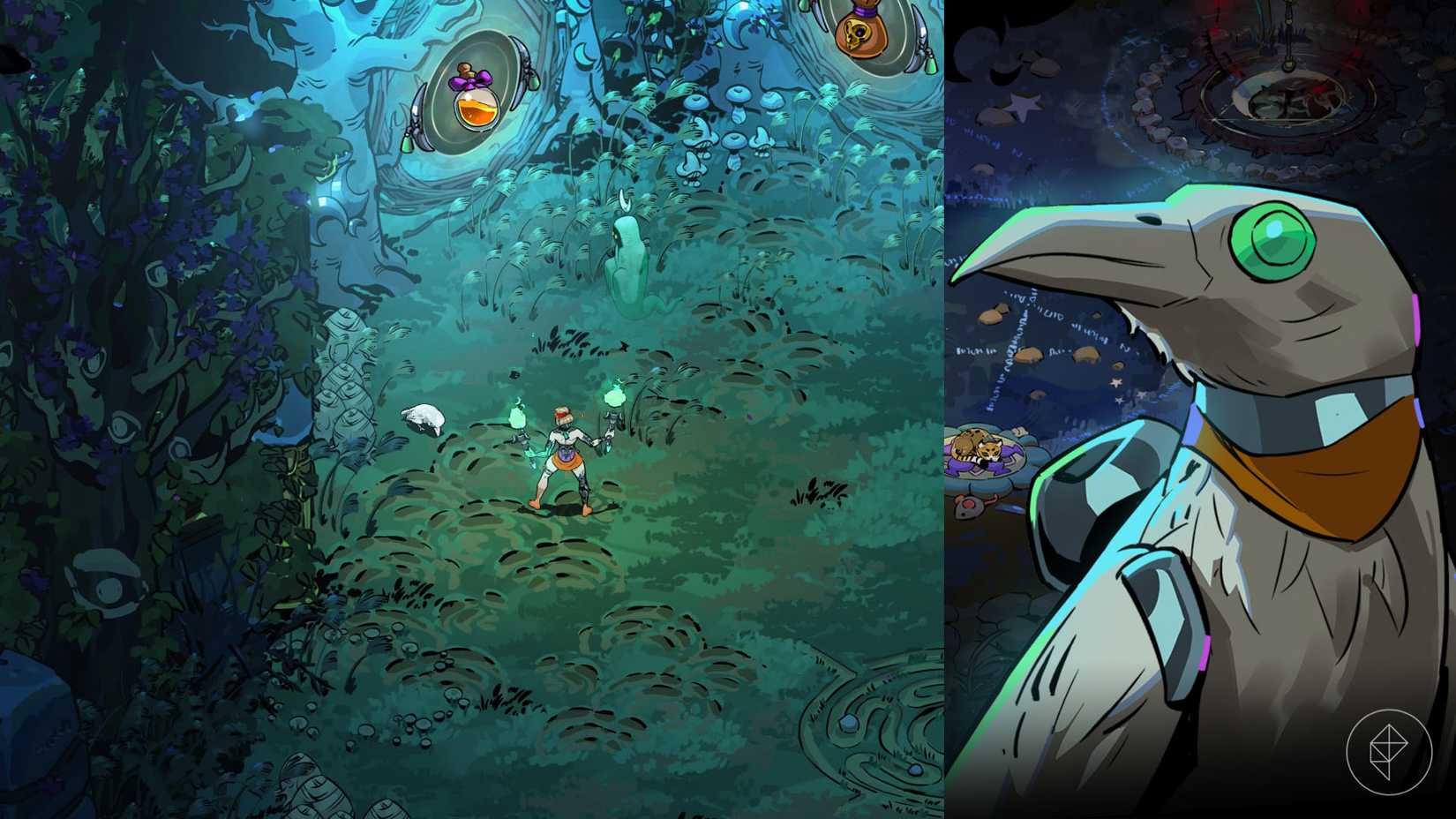 Raki, o corvo bicando no chão em Hades 2.