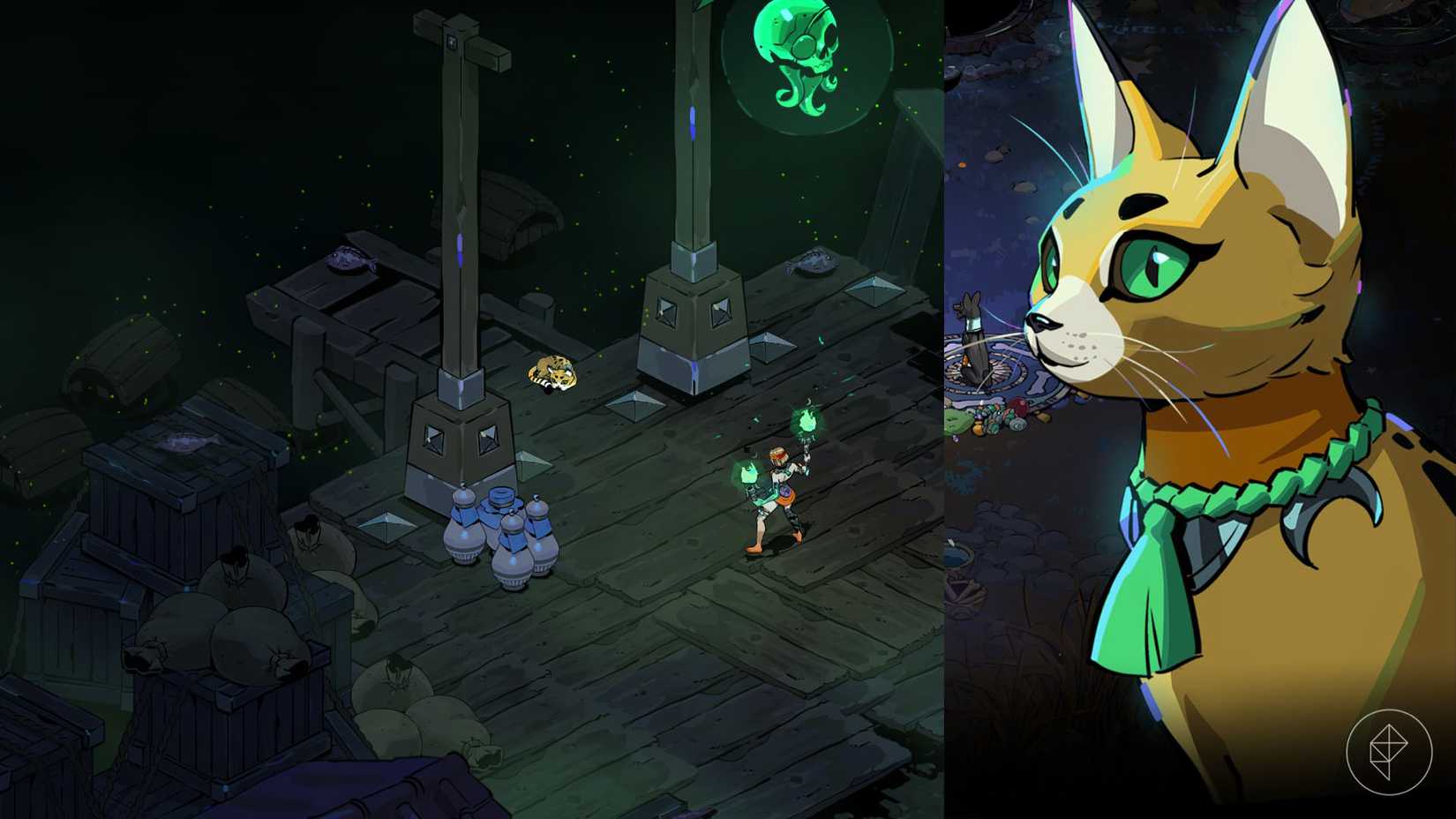Melinoë encontrando Toula o gato em Hades 2.