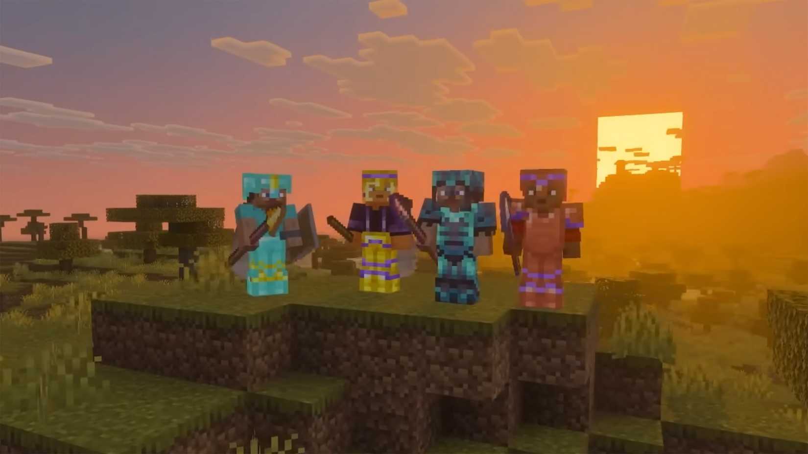 Quatro jogadores segurando lanças no Minecraft.