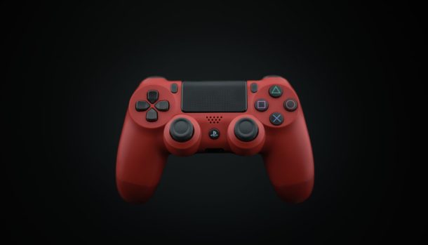 Vibrant red DualShock PS4 controller displayed on a dark background, highlighting modern gaming design.