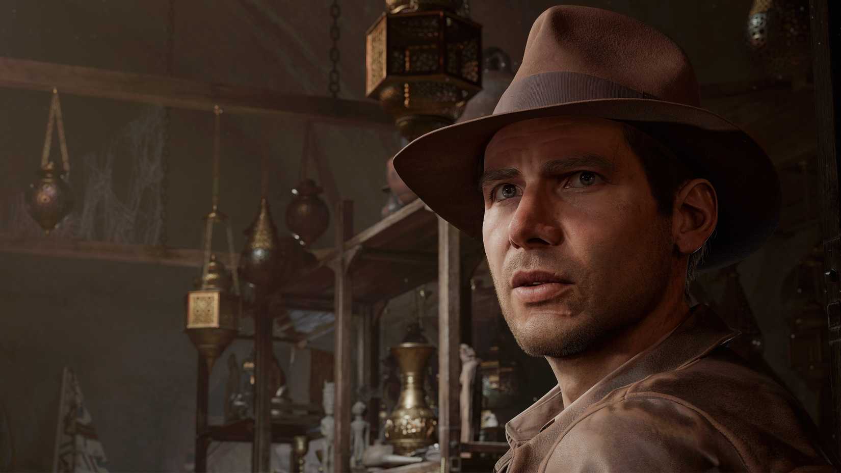 Indiana Jones se virando para a câmera em Indiana Jones e o Grande Círculo.