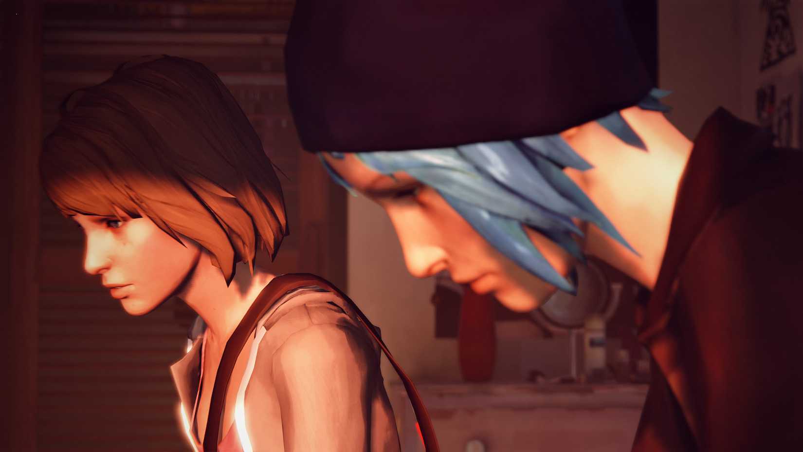 Imagem da vida de não acenar a série Is Strange. Mostra Max e Chloe sentados juntos, a luz do sol em seus rostos.