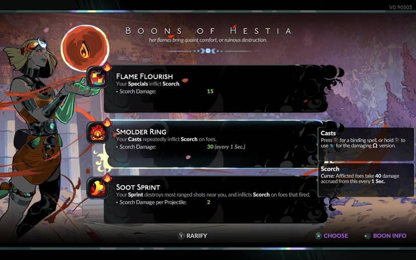 Um menu Hades 2 mostra três benefícios de Hestia.