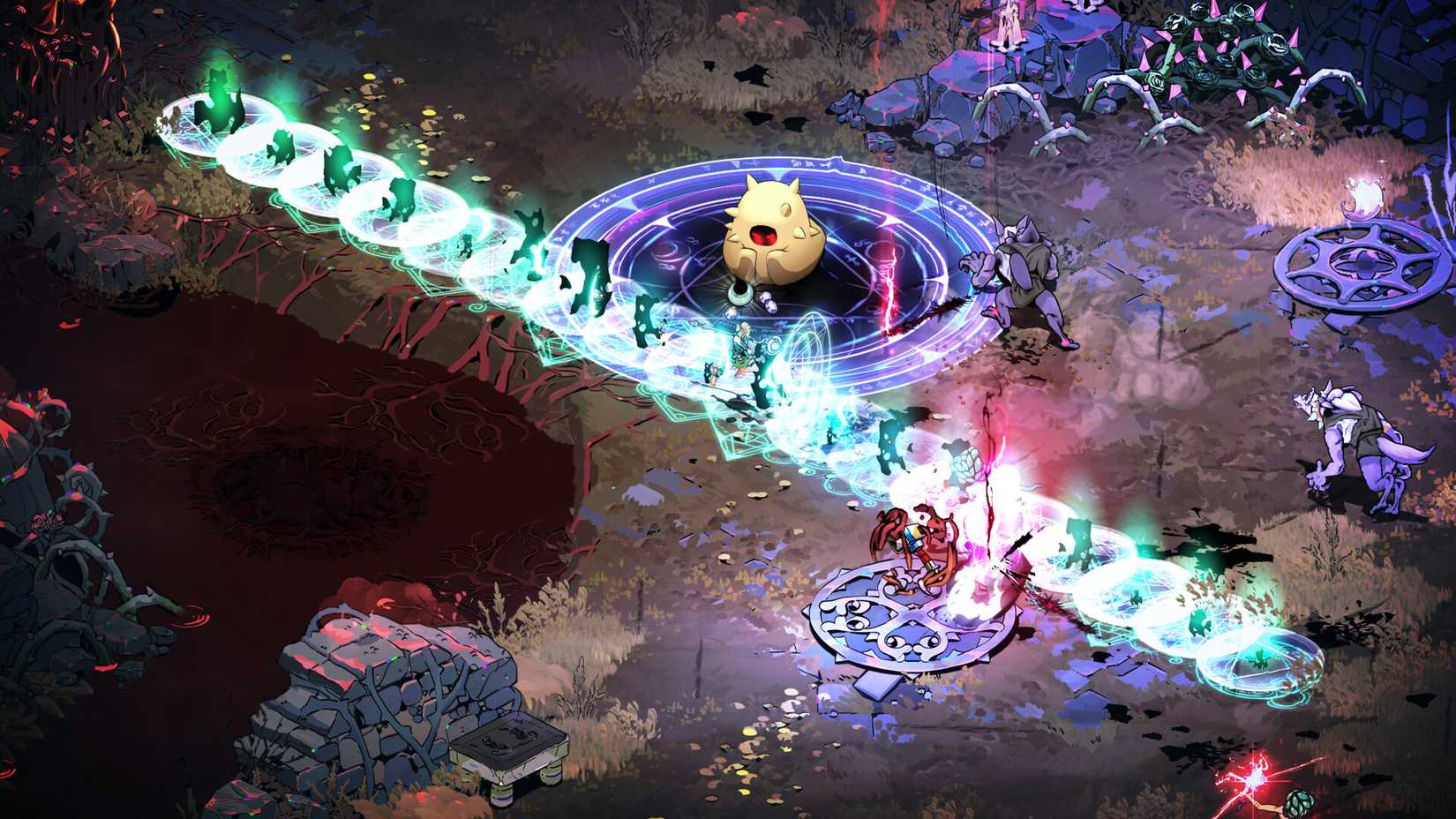 Uma arena se enche de ataques em Hades 2.