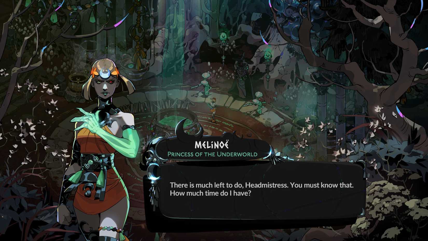 Melinoe perguntando a Hecate quanto tempo ela tem para completar sua missão em Hades 2