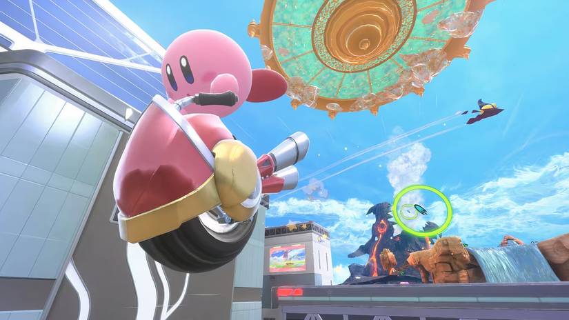 Kirby monta uma bicicleta de pneus em Kirby Air Riders.