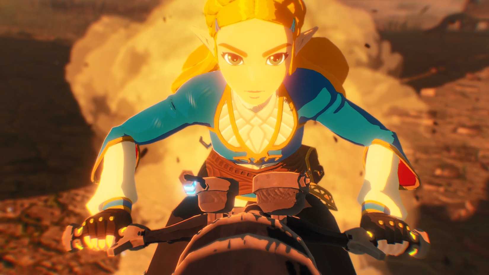 Zelda monta um motocicro em Hyrule Warriors: Age of Calamity