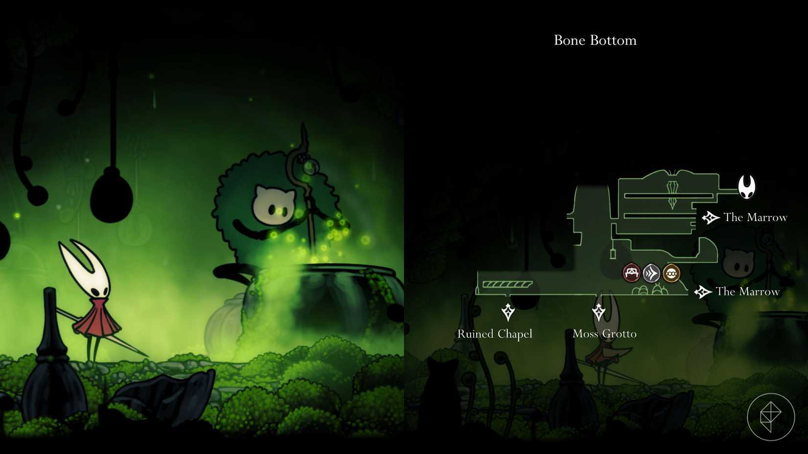 Druida de Hornet e Moss marcada no mapa do fundo do osso em Cavaleiro Hollo: Silksong.
