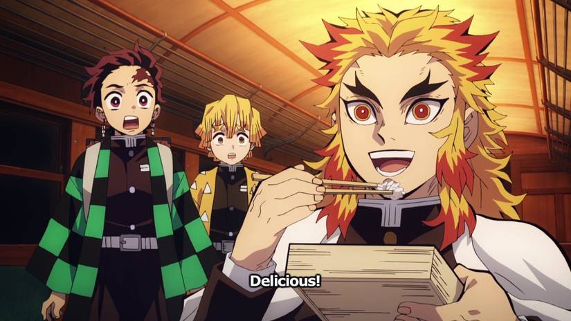 Rengoku, o incêndio Hashira, almoça e diz que é delicioso enquanto Tanjiro e Zenitsu relógios, no filme de Slayer de Demon de Trem Mugen