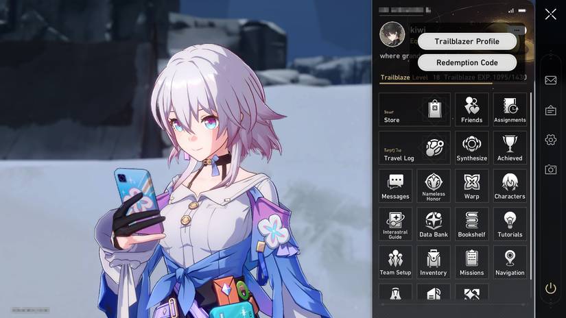 7 de março olha para o telefone em Honkai: Star Rail com o menu aberto