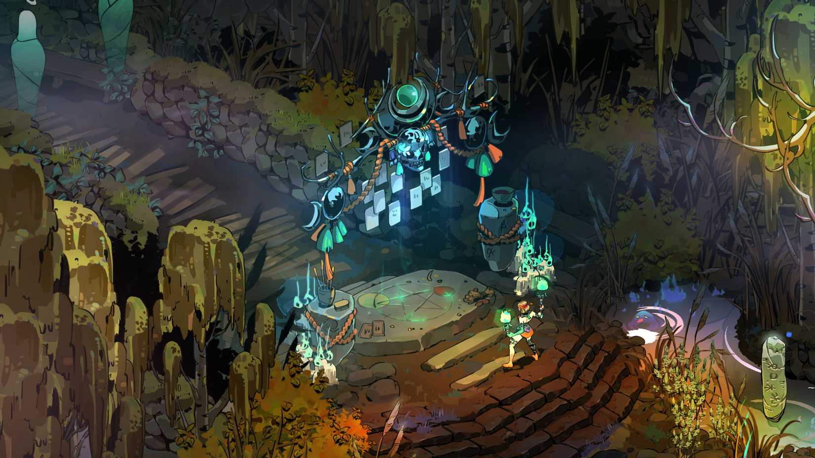 Melinoë em pé ao lado do altar do Arcana em Hades 2.