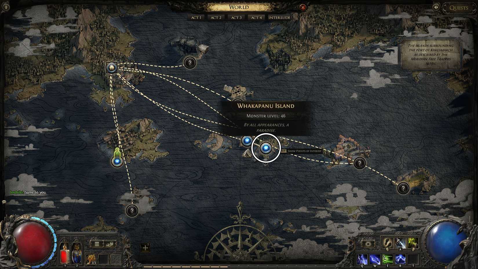 O mapa da Lei 4 do Path of Exile 2 com a ilha de Whakapany circulou