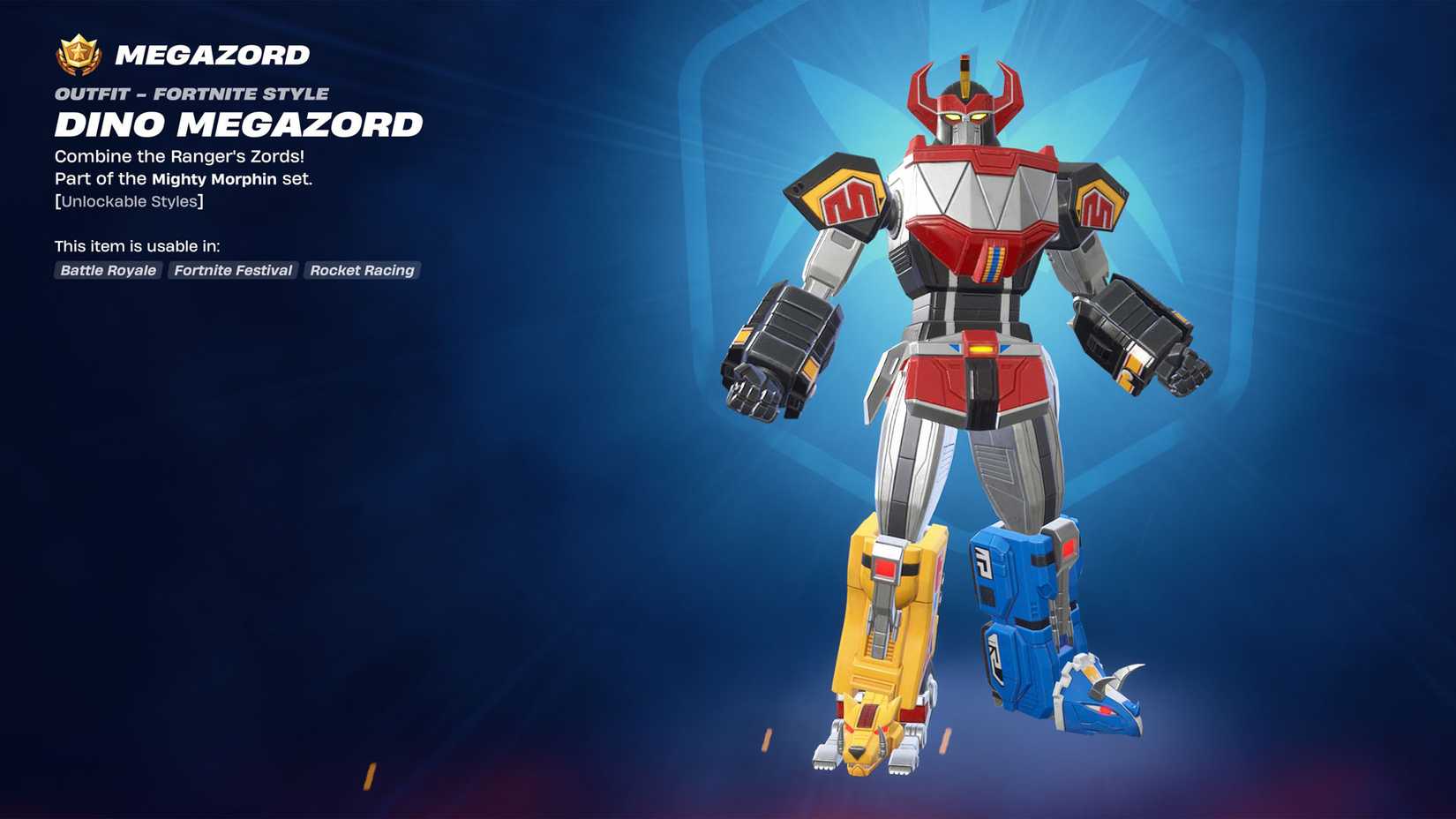 A pele Dino Megazord, como aparece em Fortnite.
