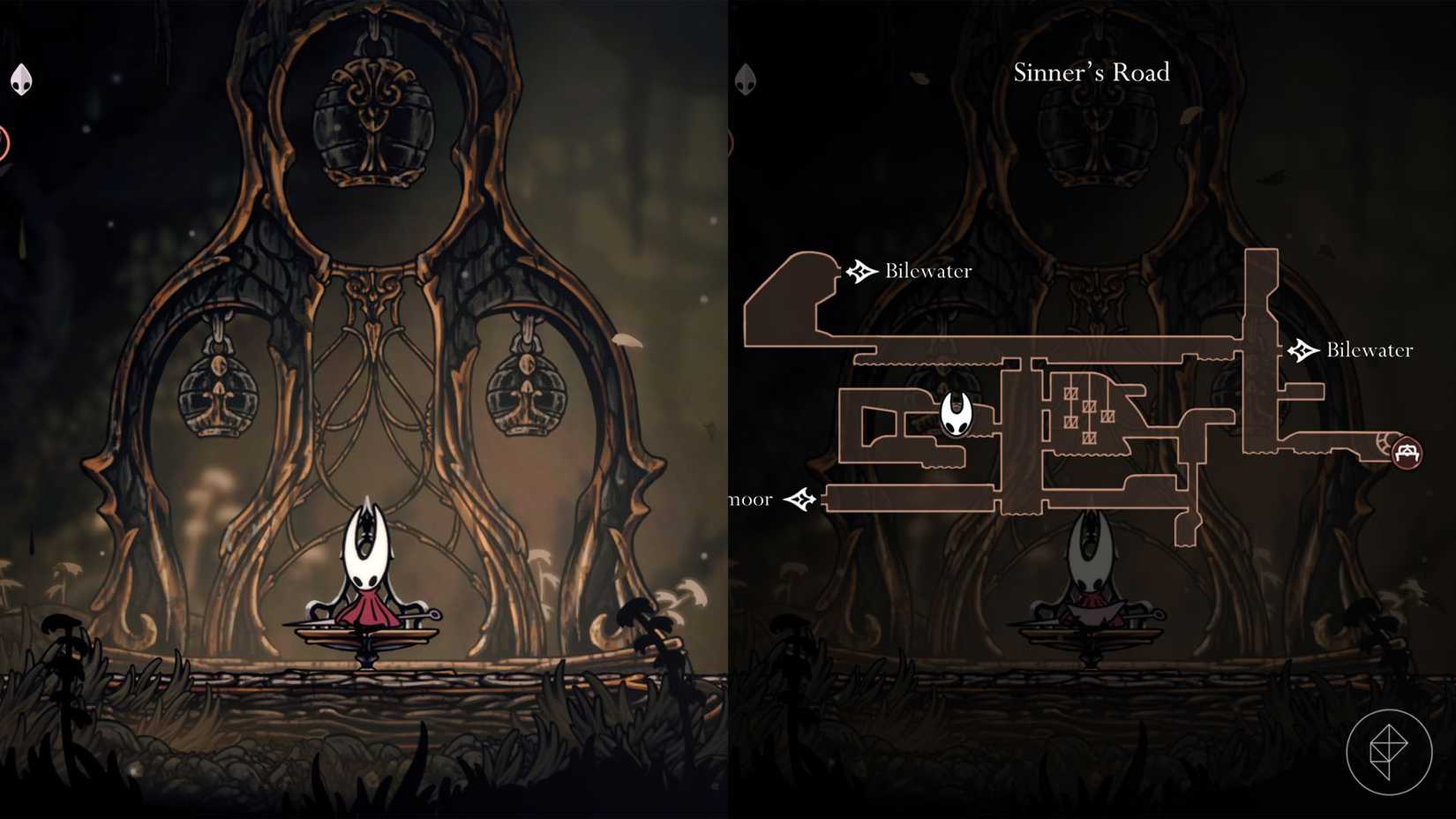 Hornet sentado em um banco na estrada do pecador em Hollow Knight: Silksong.