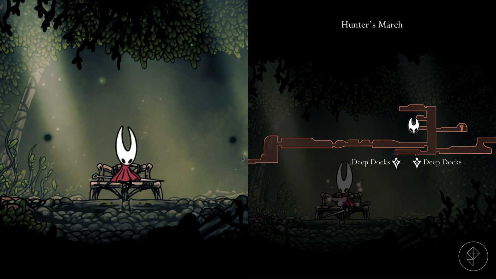 Hornet sentado em um banco na marcha de Hunter com sua localização marcada no mapa com a cabeça de Hornet.