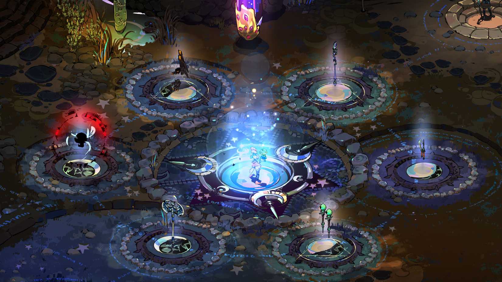 Melinoë em pé no meio de todas as seis armas em Hades 2.
