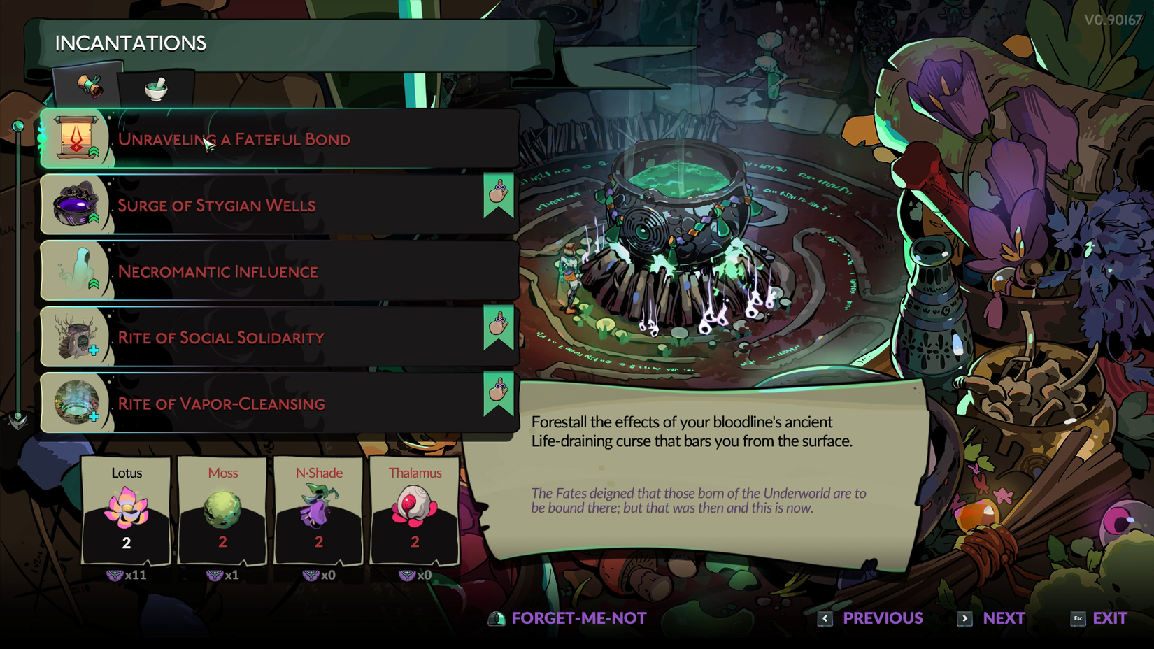 O menu de encantamento em Hades 2, mostrando o desvendando um feitiço fatídico de vínculo
