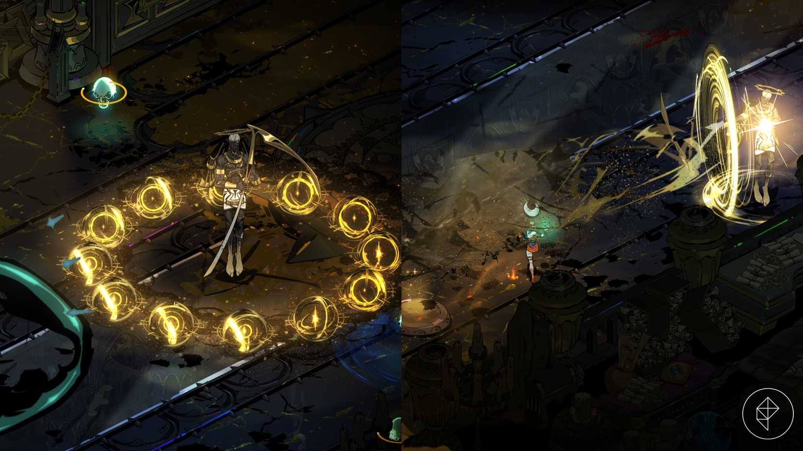 Os ataques de Chronos na primeira fase da batalha contra chefes em Hades 2.