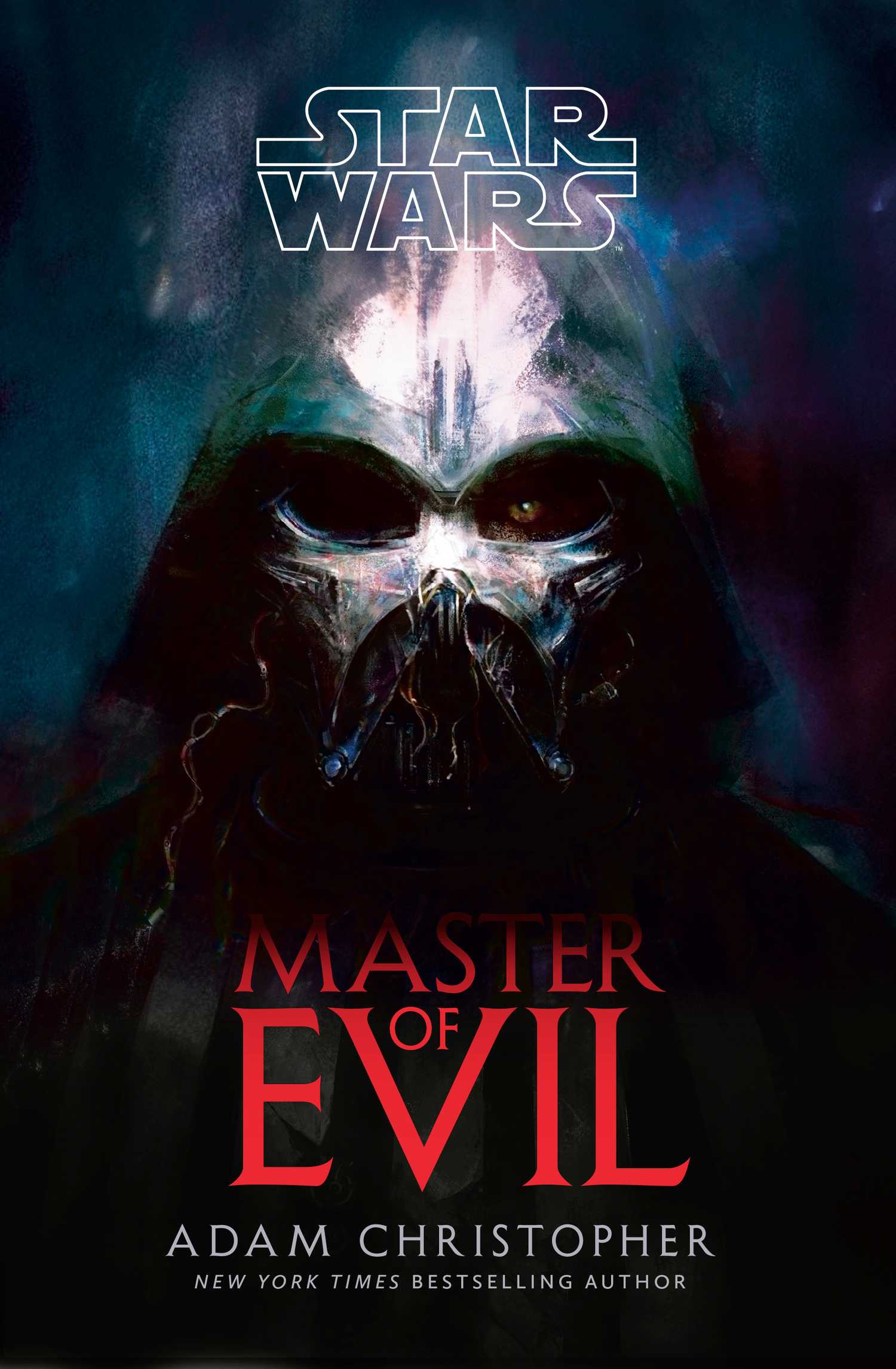 Imagem da capa do romance Mestre do Evil Star Wars de Adam Christopher. Ele descreve uma imagem de Darth Vader, sua máscara negra com um brilho branco não natural sobre ela para se parecer com o de um crânio.