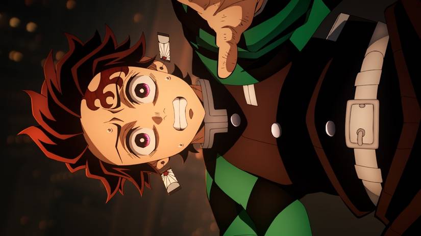 Tanjiro caindo no castelo infinito de Slayer Demon: Infinity Castle 