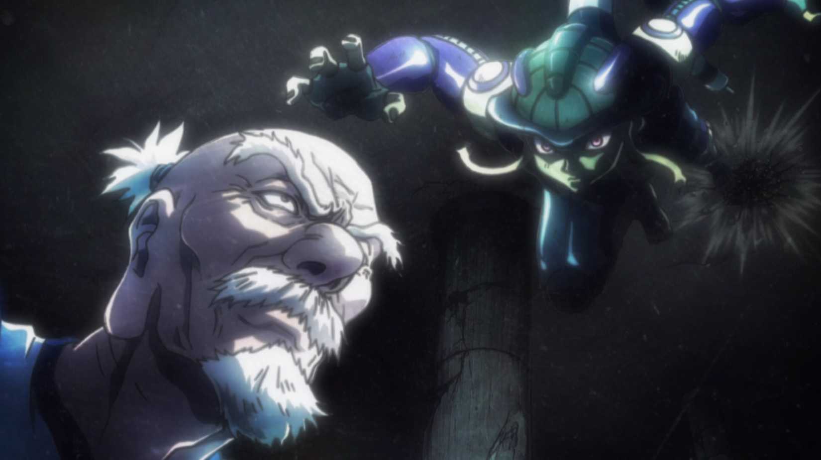 Netero sendo atacado de cima por Meruem