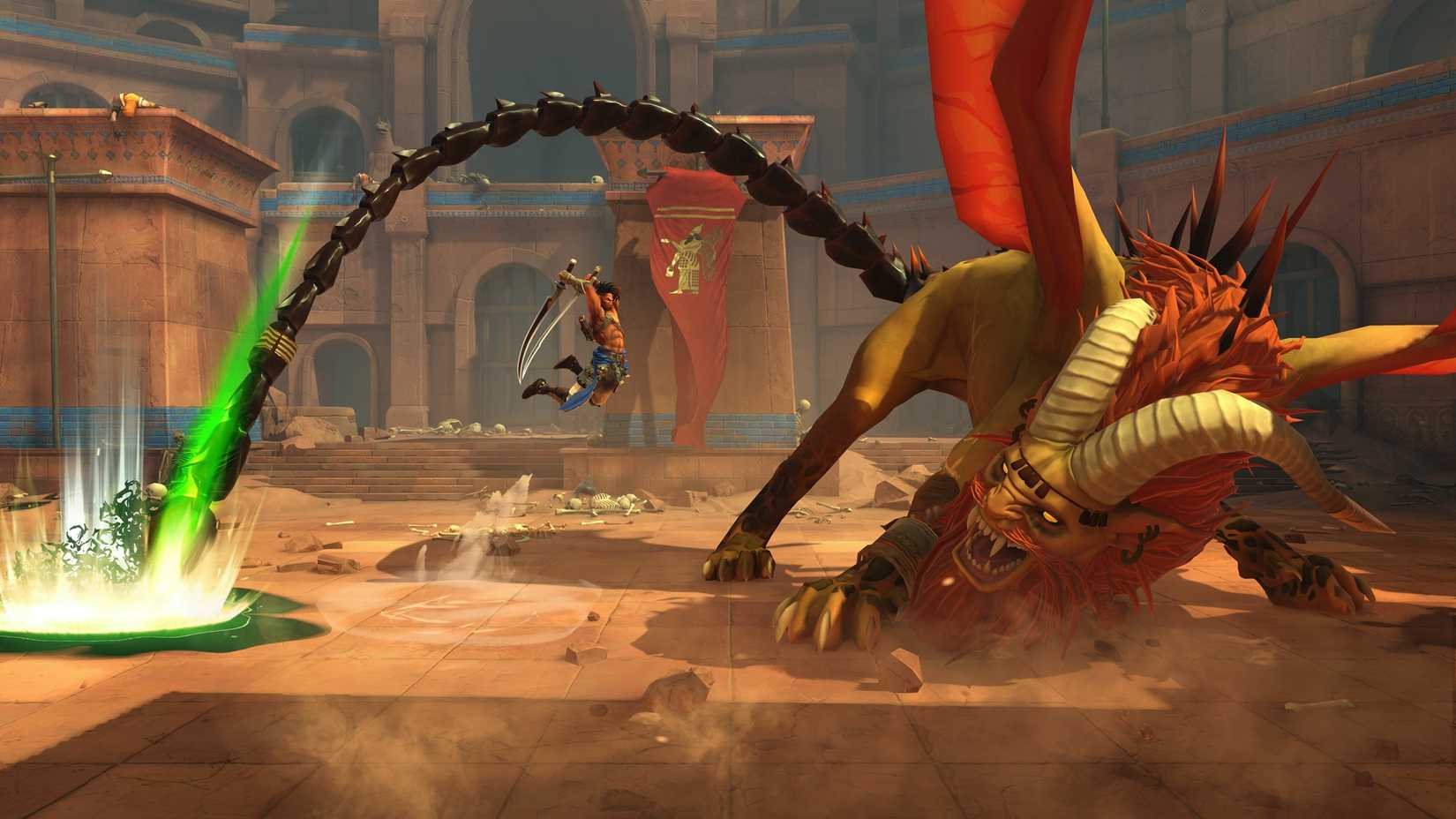 Príncipe da Pérsia: The Lost Crown Screenshot mostra o personagem principal que luta contra um Manticore com duas espadas