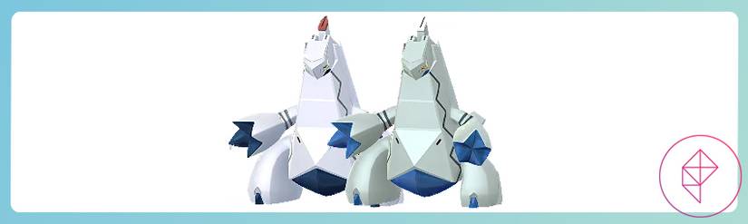 Duraludon com sua forma brilhante em Pokémon Go. Duraludon brilhante é um cinza mais escuro com detalhes em branco.