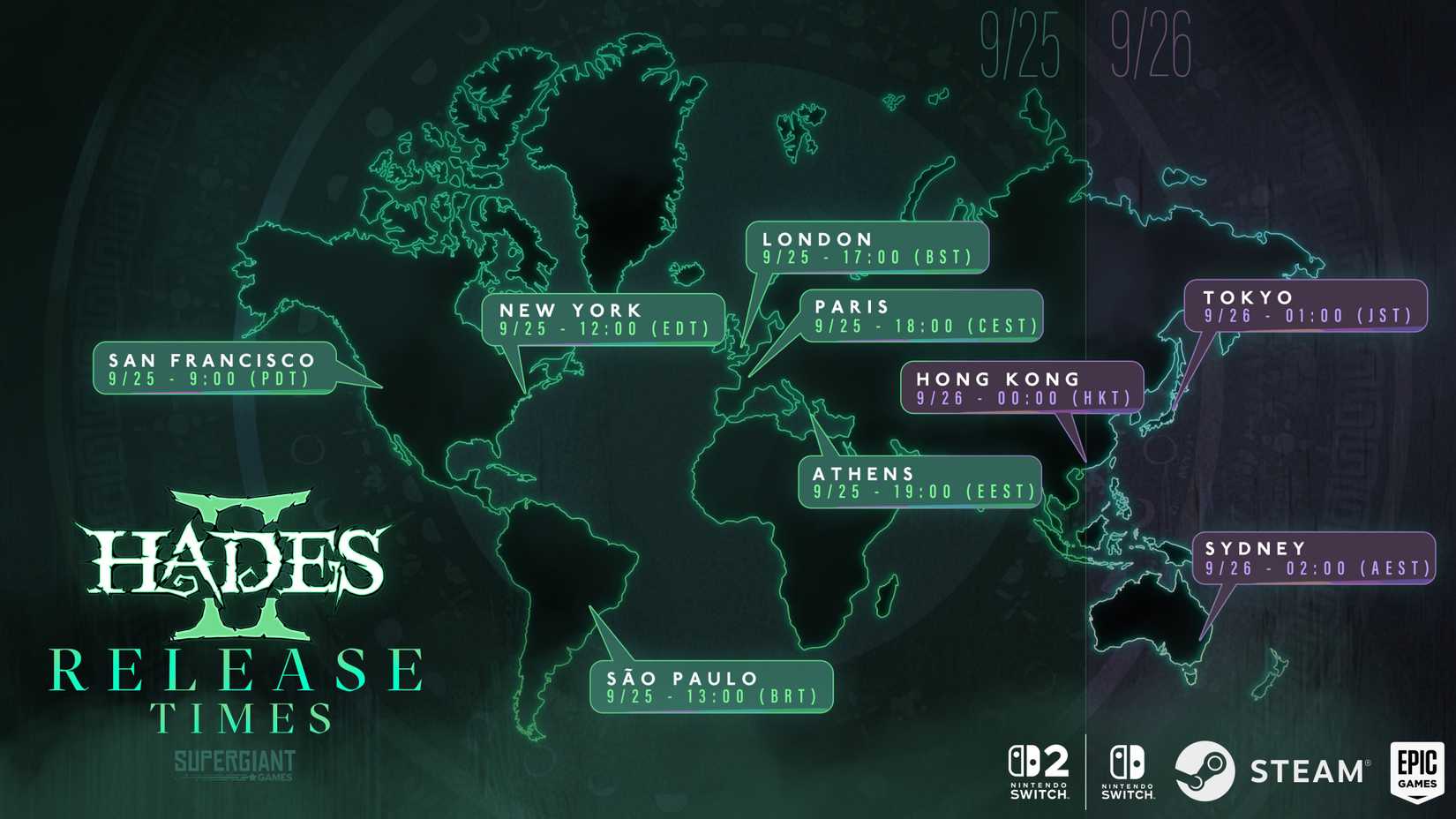 Um gráfico mostra os tempos de liberação do Hades 2 nos fusos horários