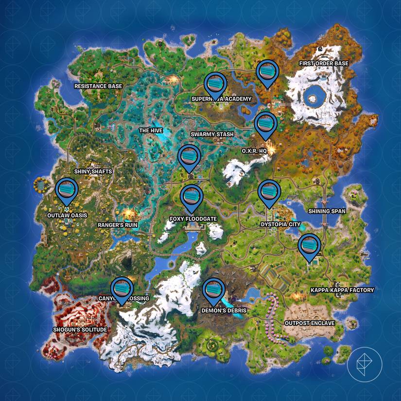 Locais de bolo de aniversário marcados no mapa de Fortnite Capítulo 6 Temporada 4.