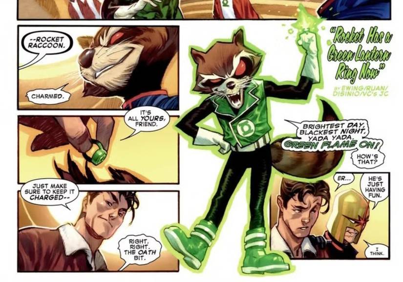 Rocket Racoon empunhando um anel de lanterna verde em Deadpool/Batman #1.