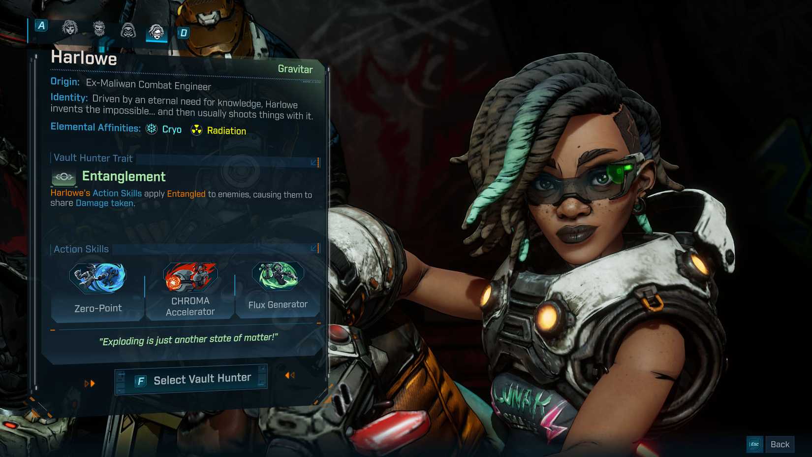 A Borderlands 4 Screenshot mostrando as árvores de habilidade de Harlowe