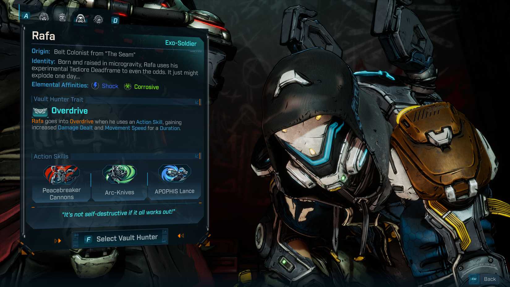 Uma captura de tela Borderlands 4 mostrando a descrição do kit de Rafa