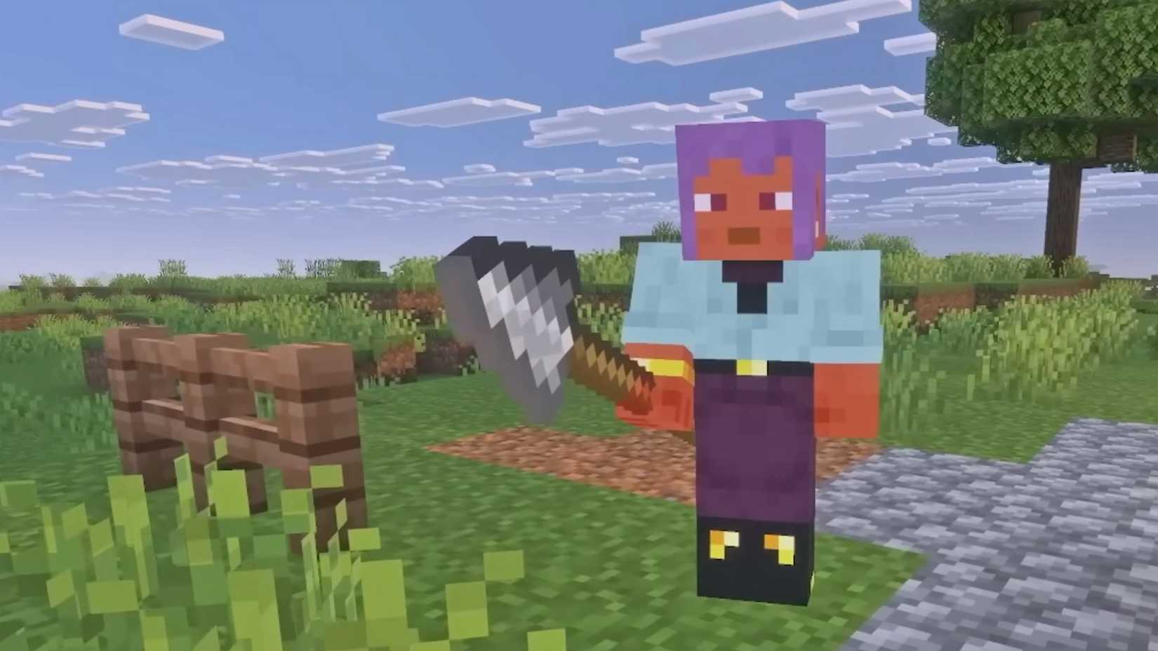 Um jogador segurando uma lança no Minecraft.