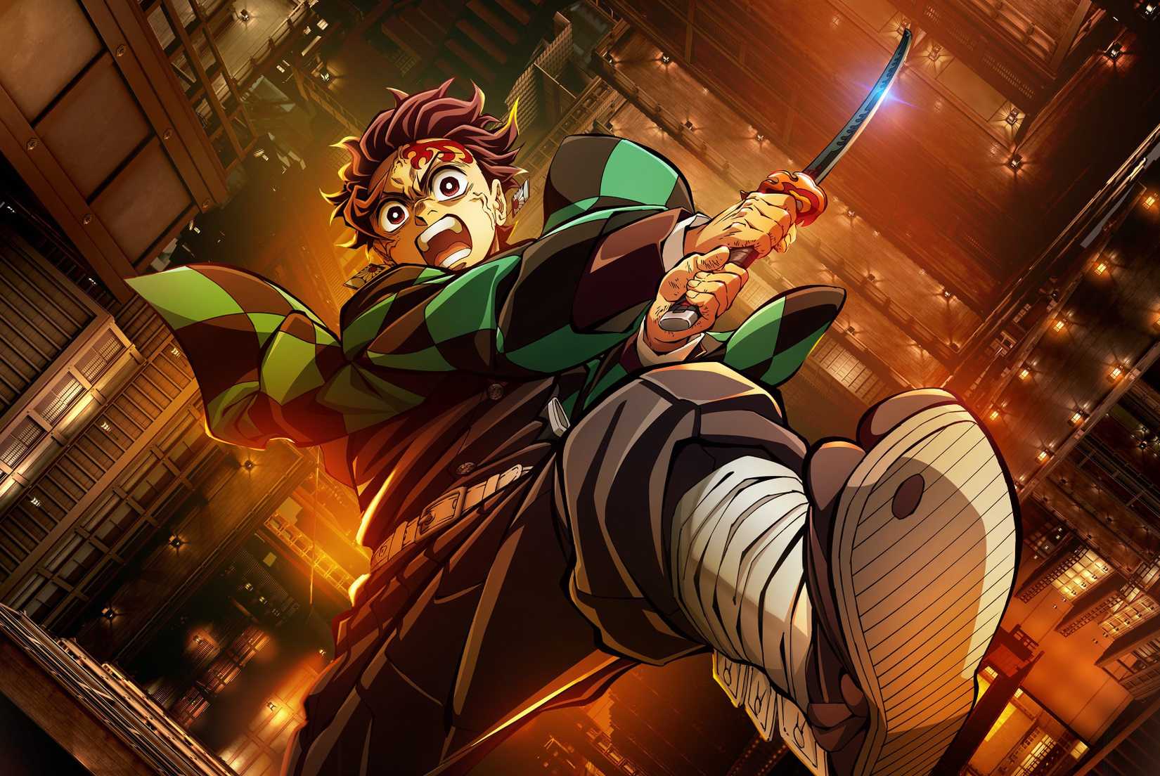 Tanjiro cai enquanto desliza sua espada em Slayer Demon: Infinity Castle Key Art