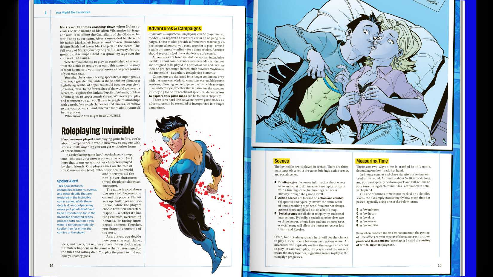 Eu espalhei do invencível TTRPG mostra invencível com um punho ensanguentado em uma página e ele se beijando na cama com a namorada em outro